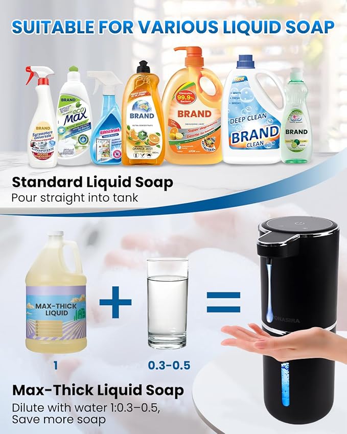 Automatic Soap Dispenser Touchless, Hands-Free, USB Rechargeable Dish Hand Soap Dispenser, 4 Adjustable Volume, Clog-Free for Bathroom Kitchen, Soap Waste Reduction, Easy for Toddlers, Black