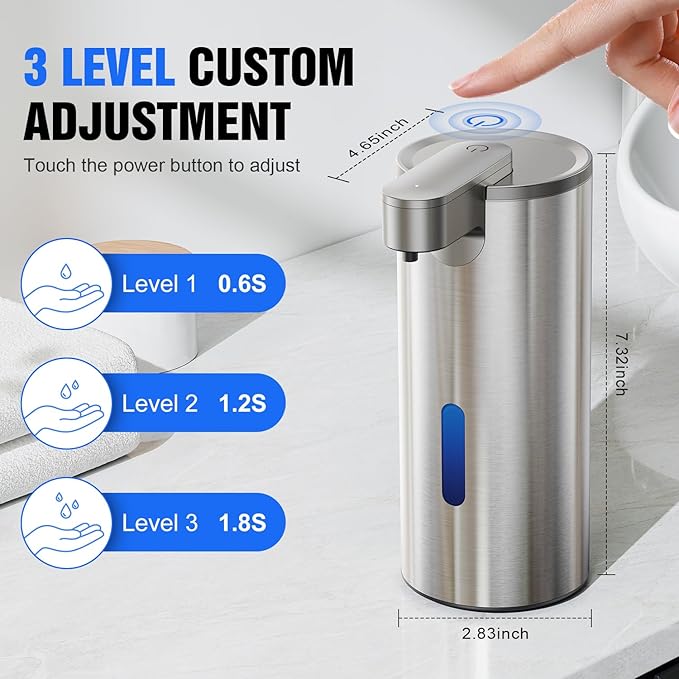 Fantictas Automatic Soap Dispenser Touchless, Stainless Steel 11.5 oz 3 Levels Adjustable Hand Soap Dispenser with Rechargeable Sensor Pump for Kitchen & Bathroom Liquid Soap