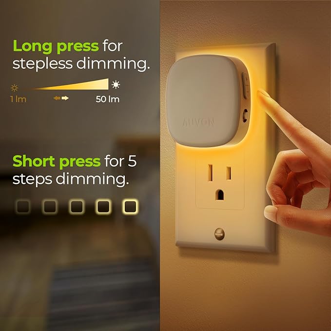 AUVON Plug-in LED Backlit Night Light with Motion Sensor & Dusk to Dawn Sensor, Dimmable Amber Nightlight with 1-50 lm Adjustable Brightness for Bathroom, Bedroom, Hallway, Stairs (2 Pack)