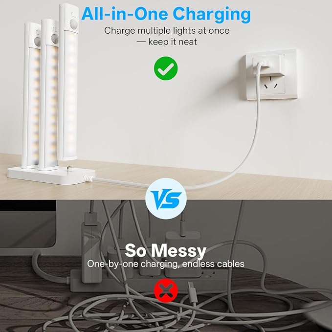 Under Cabinet Lighting with Charging Station,Rechargeable Motion Sensor Light Indoor,LED Closet Lights,3 Colors Dimmable,Magnetic for Kitchen,Wardrobe,Bedroom,Drawer 6Pack