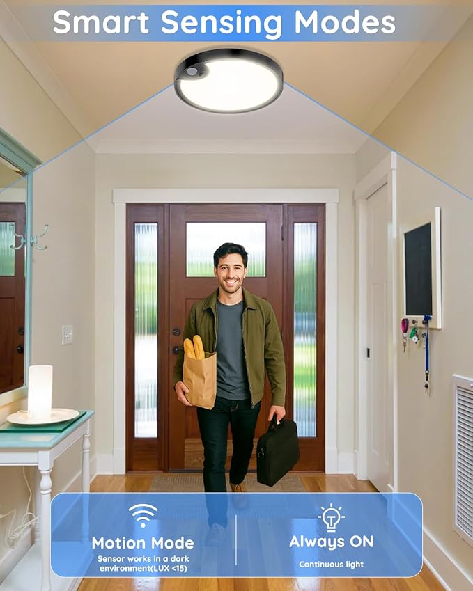 TOOWELL 2 Pack Motion Sensor Ceiling Light Rechargeable - Closet Light Battery Operated, Wireless Waterproof Shower Light, Overhead Sensor Light for Closet Shower Pantry Hallway Stair