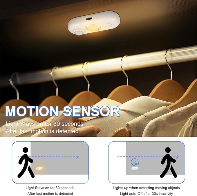 LED Motion Sensor Light Indoor, Magnetic Under Cabinet Lighting Warm White, Dimmable Rechargeable Puck Lights for Closet, Kitchen, Stairs(6 Pack)