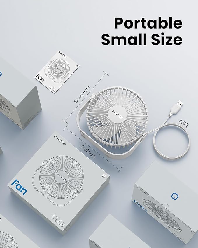 Gaiatop USB Desk Fan, 3 Speeds Strong Airflow, 5.5 Inch Portable 90° Rotate Quiet Cooling, Small Personal Table Fans for Bedroom Home Office Travel White