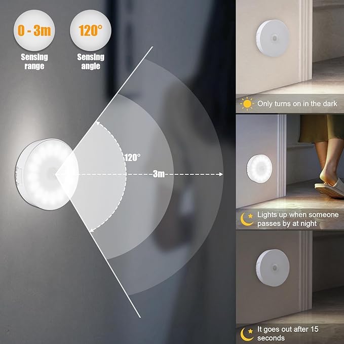 6 Pack Motion Sensor Light Indoor [Upgraded 14 LEDs], USB Rechargeable Night Light, Long Last Battery & 3 Light Modes, Wireless Magnetic Nightlight for Closet, Stairs, Hallway - Cold White