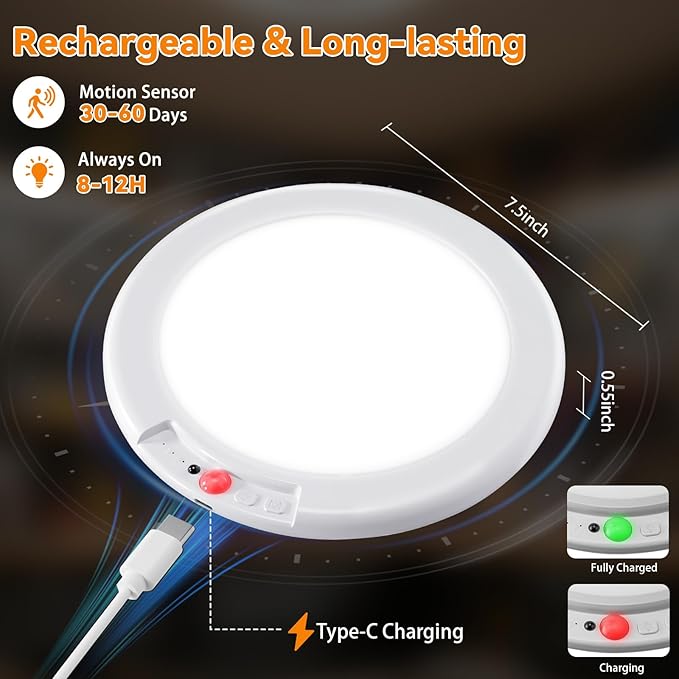 KYEKIO Rechargeable Ceiling Light 2Pack, 3 Color Magnetic Motion Sensor Lights with Remote, Wireless Dimmable Closet Light Battery Operated, LED Lights for Shower Pantry Shed Hallway Porch Stairs
