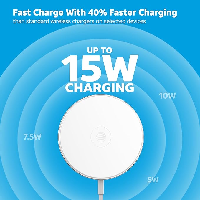AT&T 15W Qi Wireless Charging Pad with Secure Magnetic Alignment, Qi Certified Fast Charger for iPhone, Android, Pixel, USB-C Input, Case-Friendly, Desk or Nightstand Use - White