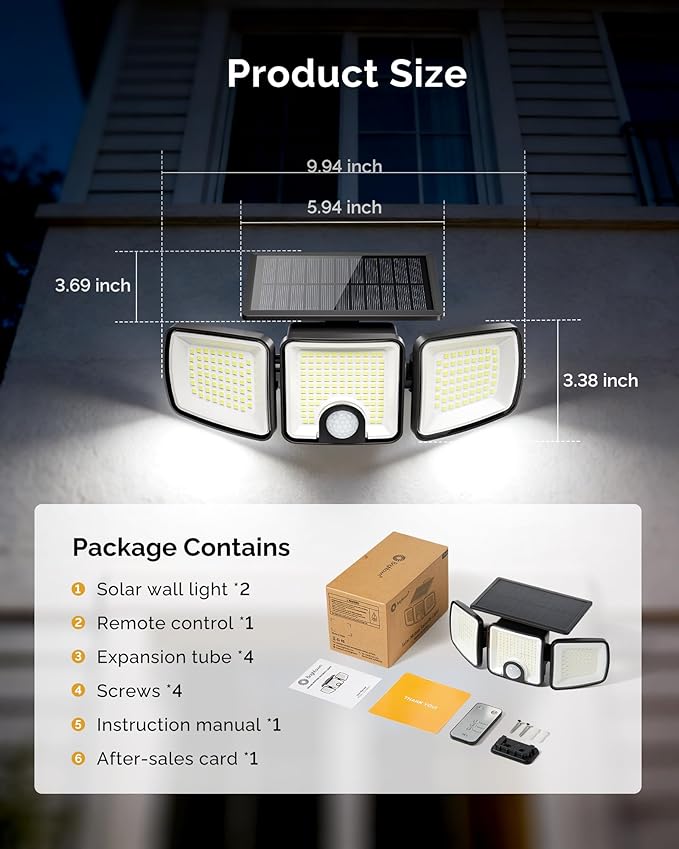 Brightown 2 Pack Solar Outdoor Lights, 2500LM 223 LED Solar Flood Outdoor Lights with Motion Sensor 3 Modes, 3 Head 270° Wide Angle Street Area IP65 Waterproof Security Wall Lights with Remote