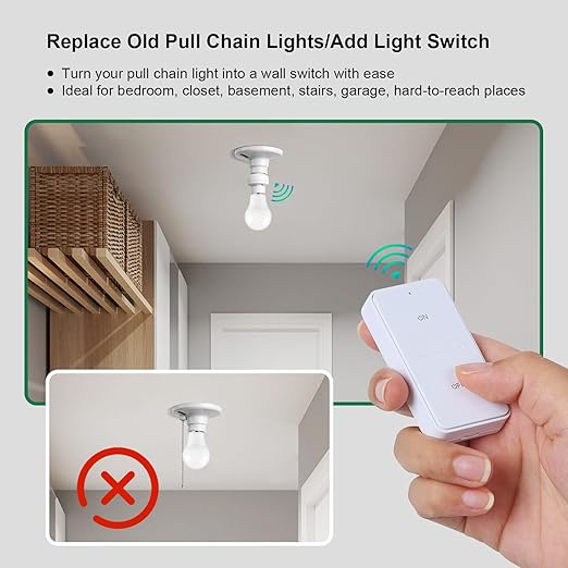 Remote Control Light Bulb Socket, 200FT Range Remote Light Socket, Wireless Wall Mounted Light Switch for Pull Chain Light Fixture, E26 E27 Lamp Socket, No Wiring Needed, FCC Listed