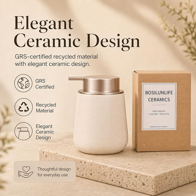 Bosilunlife Hand Soap Dispenser - 12oz Ceramic Soap Dispenser Bathroom Refillable Liquid Soap Pump Dispenser for Bathroom Kitchen Dispenser for Dish Soap with Easy-to-Press Pump
