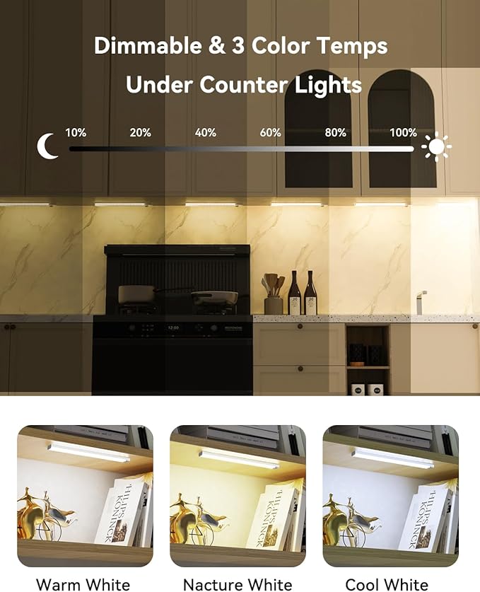 12 Inches Under Cabinet Lighting 6 Packs with 1 Charging Station, Rechargeable Motion Sensor Light Indoor, 3 Color Temps, Dimmable Closet Light Stick on, Under Counter Lights for Kitchen