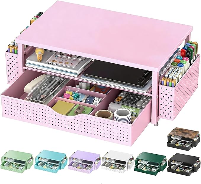 Spacrea Desk Organizer and Accessories, Computer Monitor Stand Riser with Drawer and 2 Pen Holders, Office Desk Accessories & Workspace Organizers for Office Supplies (Pink)