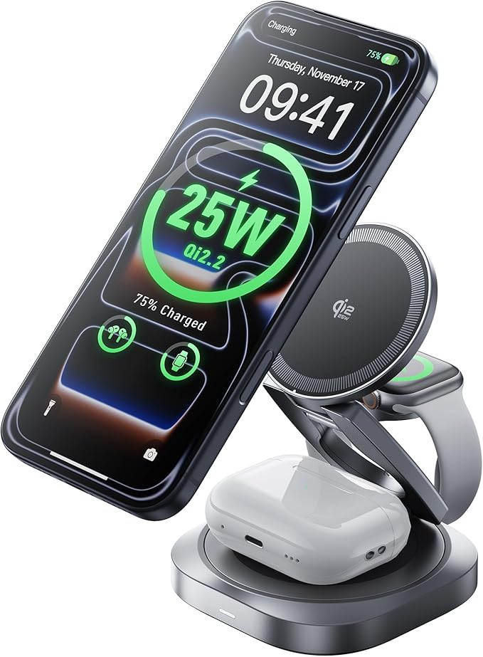 REWONDER 3 in 1 Wireless Charger Station - Qi2.2 25W Charging Stand - 360° Rotatable Metal Aluminum Dock Compatible with iPhone 17 16 15 14 13 & Apple Watch Ultra & AirPods Pro (Adapter Not Included)