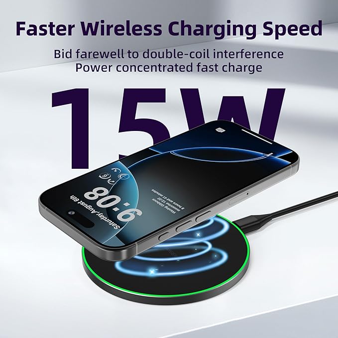Wireless Charger Compatible with iPhone 16 15 14 13 12 11 Pro Max/Mini/Plus/XR/X/8, 15W Max Fast Wireless Charging Pad Mat for Samsung Galaxy S23/S22/S21/S20/S10, Galaxy Buds