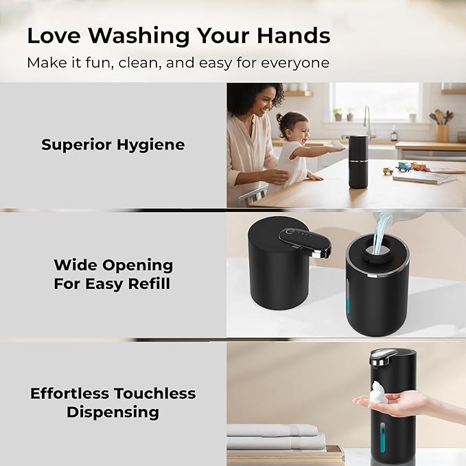 Foaming Hand Soap Dispenser - Automatic Touchless Foam Soap Pump for Bathroom & Restroom, USB-C Rechargeable, IPX5 Waterproof, Wall Mount or Countertop, 12.8oz (Black)