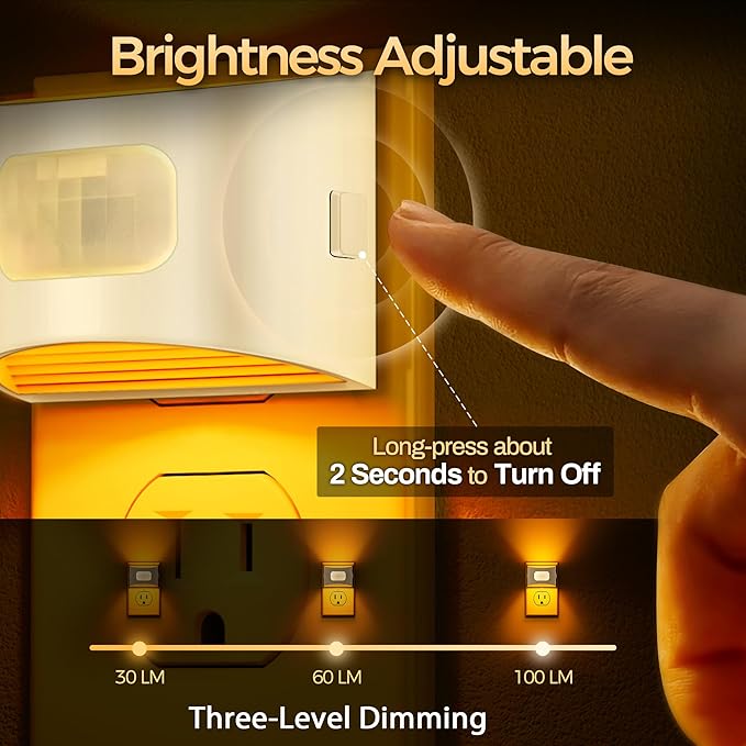 DORESshop LED Night Light[4 Pack], Night Lights Plug into Wall, Dimmable Plug in Night Light with Motion Sensor, Dusk to Dawn Sensor, Nightlights for Adults, Bedroom, Bathroom, Amber, White Cover
