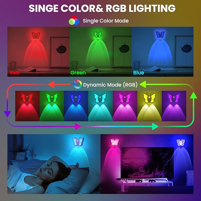 LOFTEK Rechargeable Motion Sensor Light, RGB Color Change & Dimmable Wall Night Light, Cute Butterfly Light for Kids' Bedroom, Bathroom, Hallway, Tent, Stairs, Camping - Gift, Black of 4