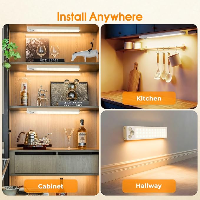 Under Cabinet Rechargeable Dimmable Lighting: 3 Color Temperature Motion Sensor Lights Indoor - Battery Operated Lights - Activated Closet Magnetic Wireless Led Light for Kitchen Home Bathroom 3 Pack