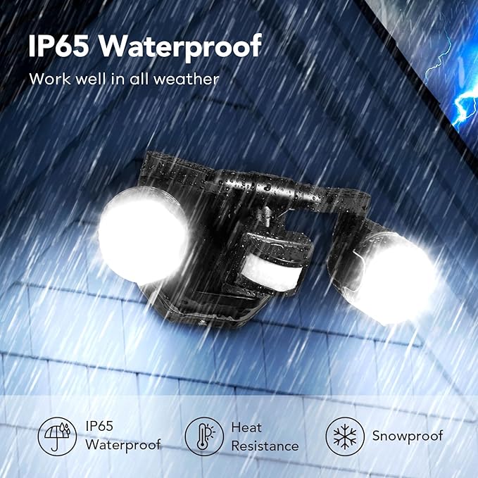 OREiN Motion Sensor Outdoor Security Light, Adjustable Dual-Head LED Flood Light, 3 Modes(Motion/Manual/Dusk to Dawn), 150W Equivalent 5000K, IP65 Waterproof Exterior Lighting, Hardwired
