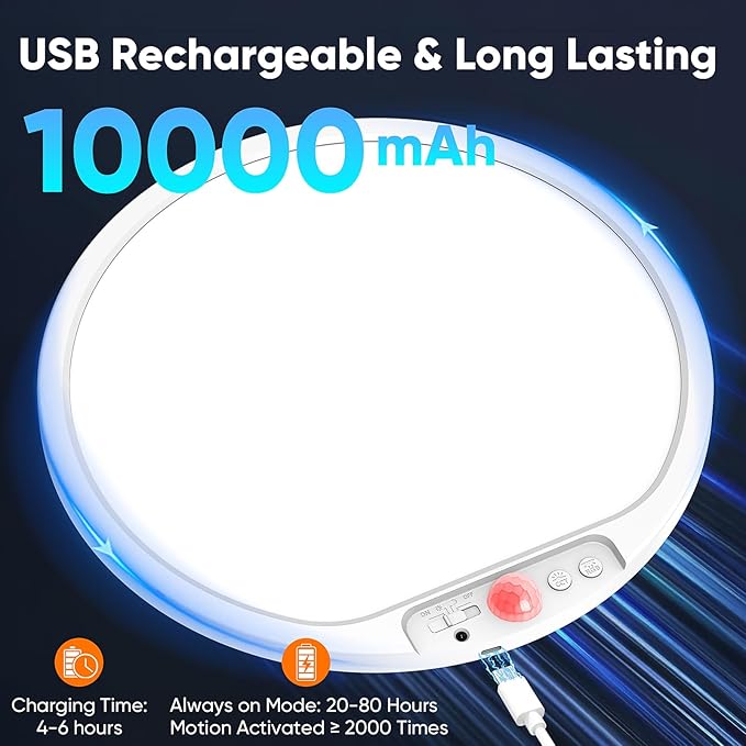 2-Pack 12" Larger 10000mAh Rechargeable Motion Sensor Ceiling Light with Remote, Battery Operated Closet Light No Wiring, Magnetic Wireless LED Ceiling Lights,3 Color Indoor Overhead Lamp for Shower