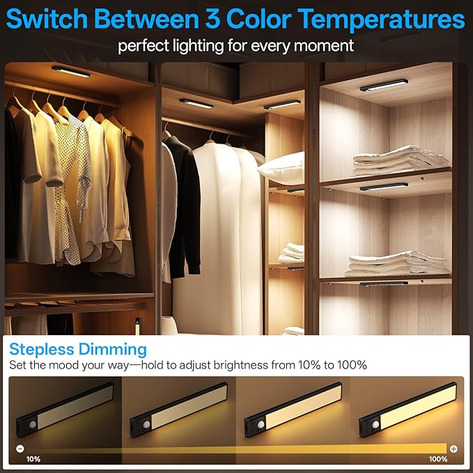Under Cabinet Lighting Wireless,Motion Sensor Light Indoor Rechargeable,3Color Dimmable Closet Light Battery Operated with Remote Control,Under Counter Lights for Kitchen,Closet 2Pack