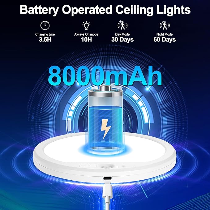 OSIDEN Rechargeable Motion Sensor Ceiling Light with Remote Battery Operated Closet Light Wireless Magnetic Stick-on Night Lights, 3 Color Temperatures & Dimmable for Shower, Shed, Hallway