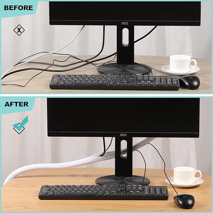 AGPTEK Cable Sleeve, 25ft - 4/5 inch Cable Management Desk Cord Cover Organizer Wire Hider for Home Office Computer TV Wire Loom Tubing Pet Proof Cord Protector from Cat Dog Chewing, White