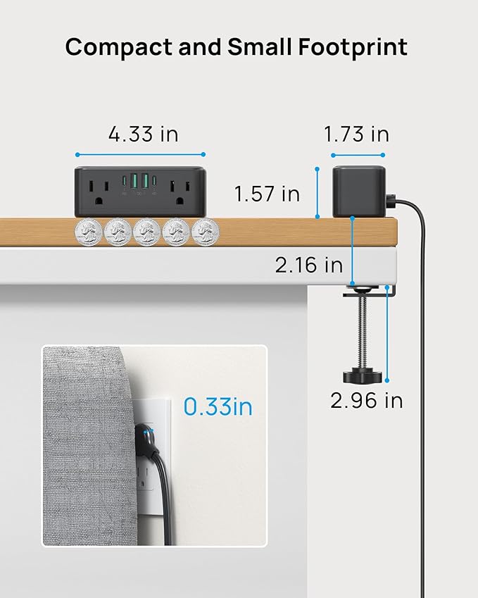 TROND Small Footprint Desk Clamp Power Strip with USB C PD 20W, Flat Plug Extension Cord Surge Protector 5ft, 6 Wide Space Outlets 4 USB, Fit 2.16" Tabletop Edge, Home Office Desk Accessories, Black