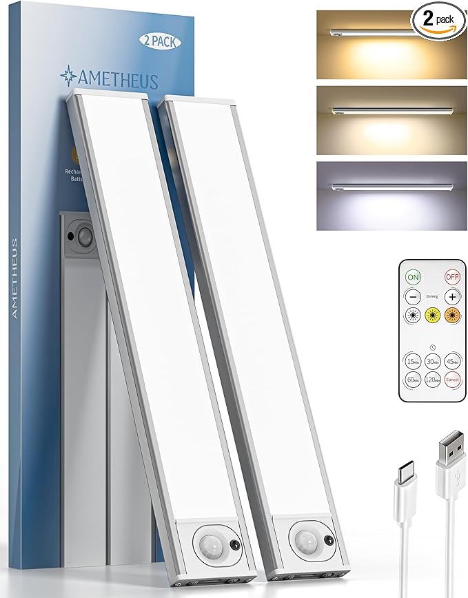 2Pack 12inch Under Cabinet Lighting, Rechargeable Motion Sensor Light Wireless Indoor, Dimmable 3 Color Temps Closet Lights with IR Remote, Under Counter LED Lights for Kitchen, Stairs