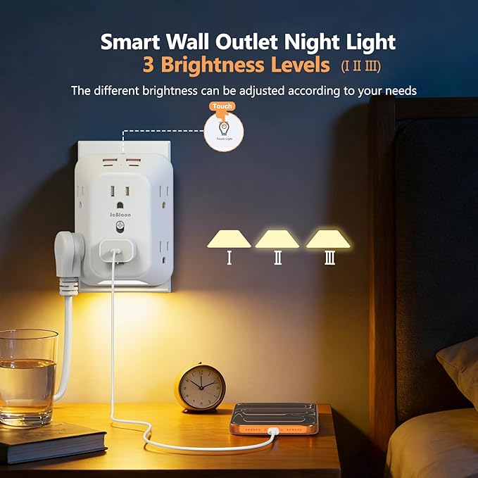 Outlet Extender Surge Protector, 6 Outlet Surge Protector Extender with 4 USB Ports (2 USB C) and Night Light, 1050J 4 Sided Multi Plug Wall Outlet for Home Office Dorm Essentials
