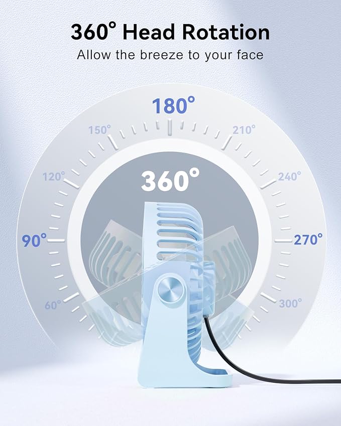 Edvision USB Desk Fan, 5 Inch Small Portable, 3 Speeds Powerful Wind Mini Personal Desktop Fan 360° Rotation Adjustable, Plug In USB Fan Quiet for Table Home Office Travel Car(Blue)