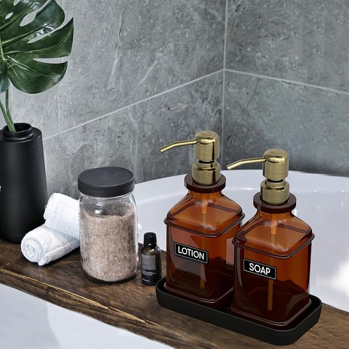 LMQML Soap Dispenser - 2 Pack, Antique Design Thick Amber Glass Hand Soap Dispensers with Sturdy Tray; 304 Rust Proof Stainless Steel Black Pump, 12Pcs Stickers, for Kitchen, Bathroom - Brushed Gold