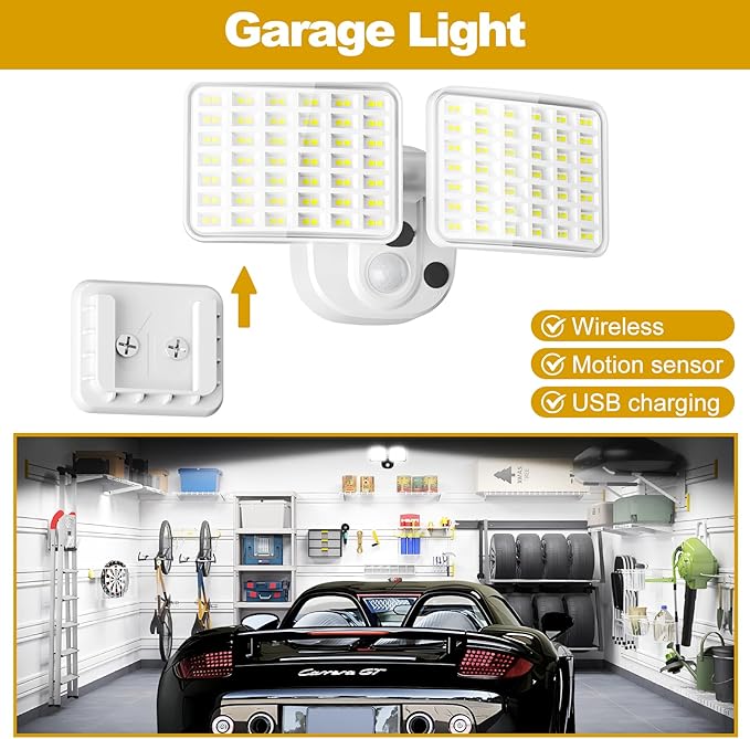 Rechargeable Battery Operated Motion Lights 2500LM & 4000LM Motion Sensor Security Lights(1-3 Months Endurance) USB Charging LED Flood Lights Outdoor for Garage Yard Entryways Patio Garden (White)