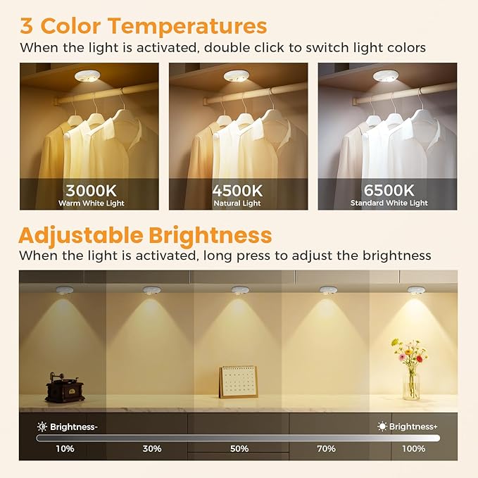 LED Motion Sensor Puck Lights, 3 Color Temps Dimmable Cabinet Light, Wireless Rechargeable Battery Operated Puck Lights, USB Magnetic Closet Light for Drawer, Shelf (4 Pack)