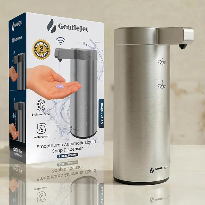 GentleJet SmoothDrop Automatic Liquid Soap Dispenser Touchless, No-Drip Precision Pump, USB-C Rechargeable, 304 Stainless Steel, Waterproof Countertop Dispenser for Kitchen & Bathroom Sink, 270 ml