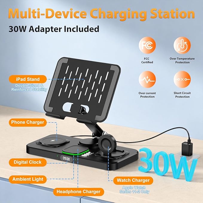 30W Charging Station for Apple Products, Foldable Wireless Charger with Clock Display&7 Color Light, Wired Charging for iPad/Tablet Charging Station for iPhone17, for Apple Watch11 for AirPods4(Black