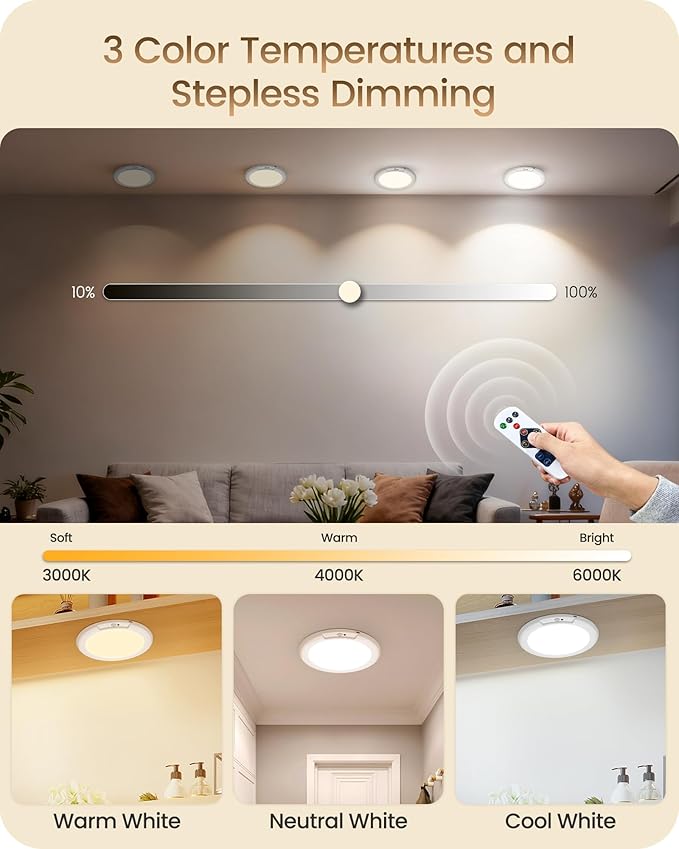 2 Pack Rechargeable Motion Sensor Ceiling Lights with Remote, Wireless Ceiling Light Battery Operated, Magnetic, 3CCT, Dimmable Shower Light, Motion Activated Light for Closet Bathroom Stairs Pantry