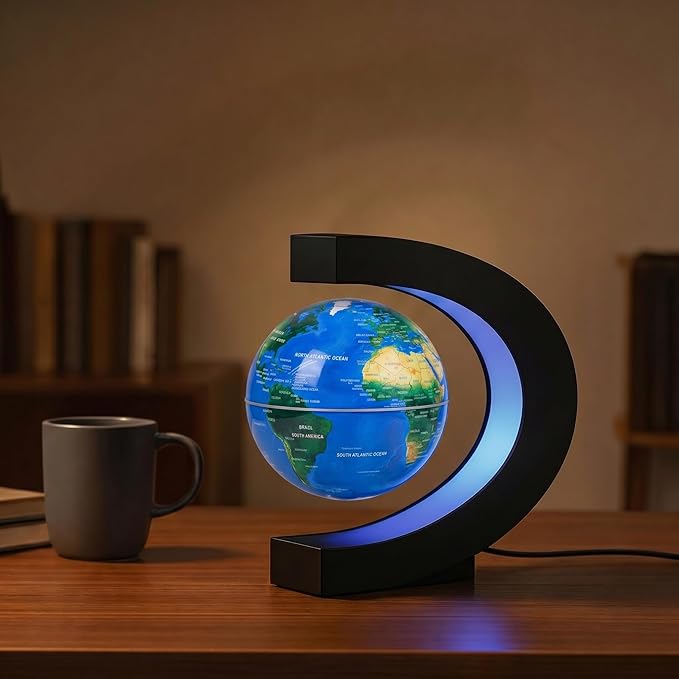 Magnetic Levitation Floating Rotating World Globe with LED Frame Lights, C Shape Levitating Globe, Touch Switch Night Light, Cool Tech Gifts for Men Dad Boys Kids, Office Desk Decor and STEM Gift