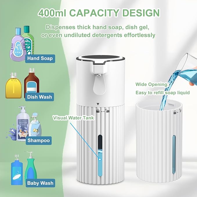 Push-Activated Automatic Soap Dispenser, Soap Dispenser for kitchen,Continuous Flow Control 400ml Capacity,AA Battery Powered,Waterproof Adjustable Volume Soap Dispenser for Bathroom & Kitchen(Liquid)