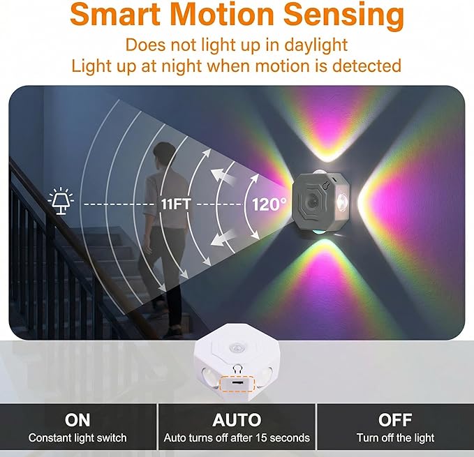 Motion Sensor Wall Lights, Peel and Stick On Rechargeable Wall Sconce Set of 2, Wireless No Drill RGB Color Changing Touch Dimmable Sconces for Indoor Hallway Stair Bedroom Closet