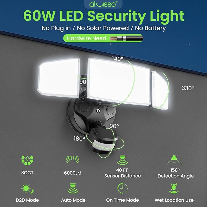 ALUSSO Motion Sensor Outdoor Lights Hardwired(Not Solar),Flood Lights Outdoor 120V, Dusk to Dawn/Auto/On Time, 3CCT 3000K/4000K/6500K Security Light,ETL,3 Modes Metal Black 60W 6000LM