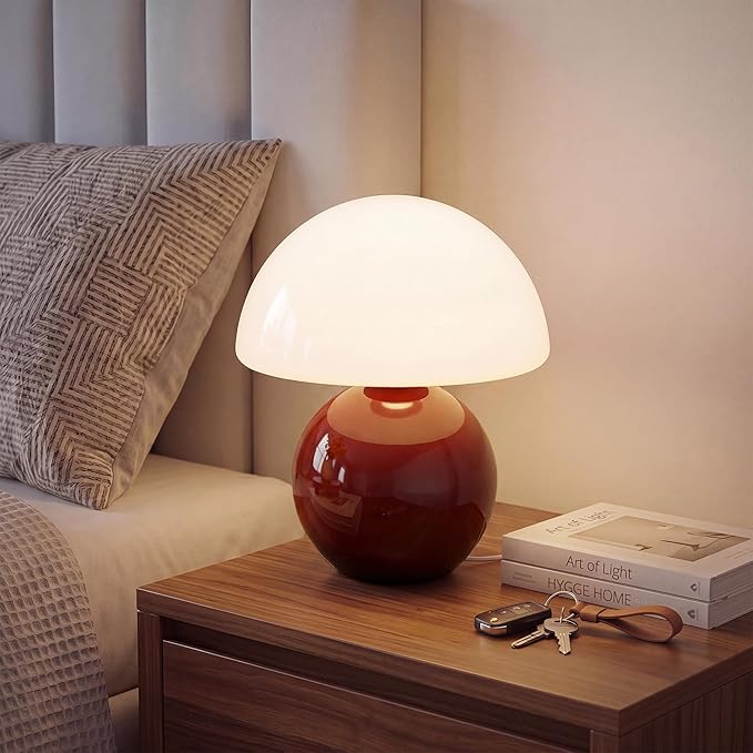 Dawnwake Mushroom Lamp Table Lamp for Bedroom,Desk Bedside Small Lamps for Living Room Night Stands,Mushroom Decor Cute Mini Modern Mid Century Lamps,Unique Aesthetic Home Living Room Decor(Wine Red)