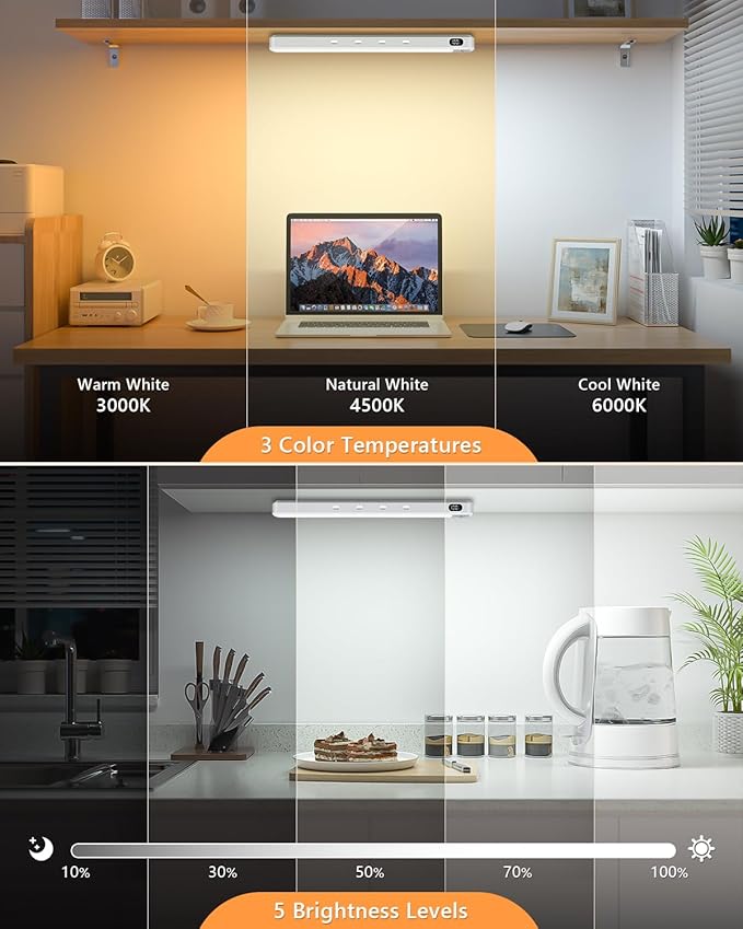 WILLED Under Cabinet & Closet Lights, Motion Sensor, Rechargeable, Magnetic, 3 Color Temps, Dimmable LED Light Bar for Indoor Kitchen Counter (2 Pack, White)