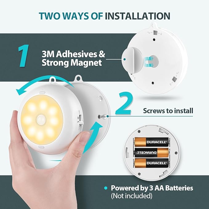 Reoshine Motion Sensor Light Indoor AA Battery Operated, Under Cabinet Lighting, Magnetic Stick on LED Puck Lights for Stair, Wall, Closet, Dimmable, 3000K Warm White (3 Pack)