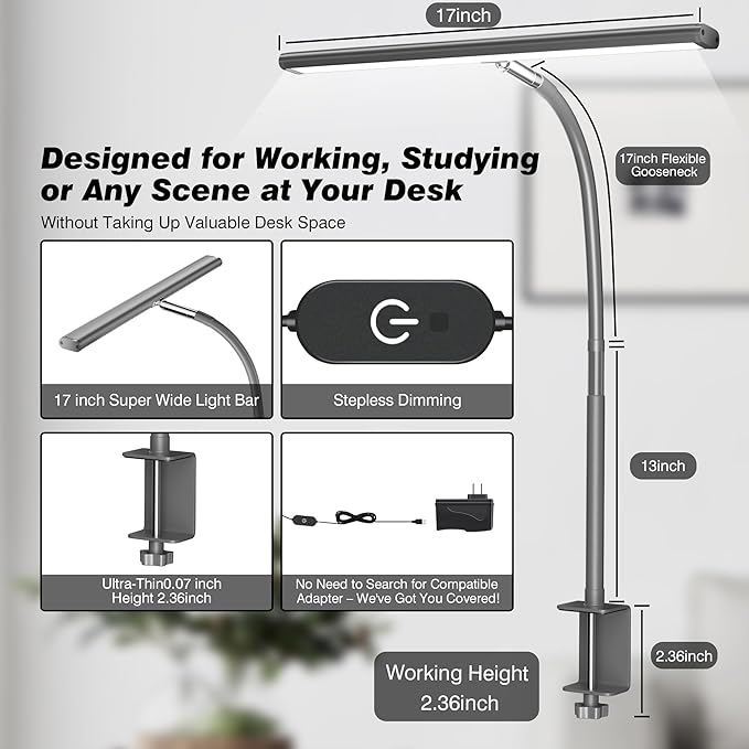 Airlonv LED Desk Lamp for Office Home, Eye-Caring Desk Light with Stepless Dimming Adjustable Flexible Gooseneck, 10W USB Adapter Desk Lamp with Clamp for Reading, Study, Workbench (Grey)