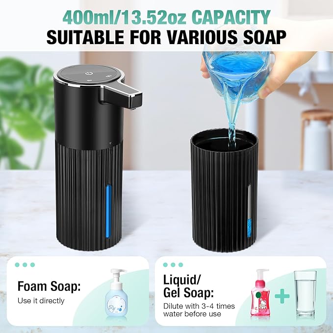 2 Pack Automatic Soap Dispenser: 14oz Plastic - Foaming Touchless 4 Level Adjustable Wall Mount Foam Black Rechargeable Electric Auto Smart Soap Dispenser Set - Bathroom Kitchen Hand Dish Lotion