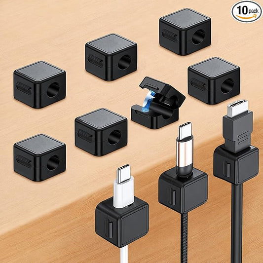 10 Pack Cord Organizer, Magnetic Cable Management, Cord Holder for Desk, Adhesive Cable Clips Wire Keeper for Nightstand, Home, Office, Desktop, Car, Wall (Black)