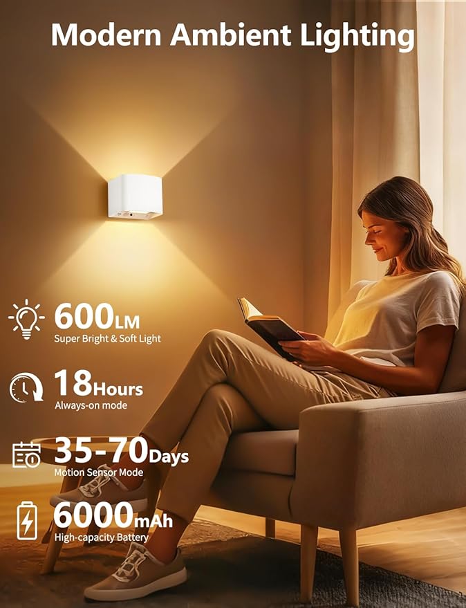 Battery Operated Wall Lamps with Motion Sensor, 6000mAh LED Rechargeable Wireless Sconce with Remote Control, Stepless Dimming, 2700-6500K, Adjustable Beam Angle, White Wall Lights for Hallway, 4-Pack