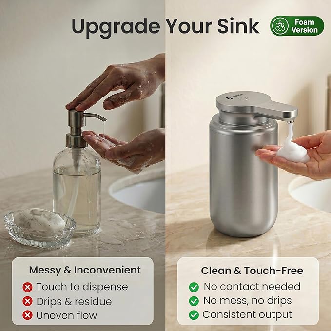 GentleJet WaveJet Automatic Foaming Soap Dispenser Touchless Sensor, USB-C Rechargeable, 304 Stainless Steel, IPX5 Waterproof for Bathroom Kitchen Sink, 12 oz / 350 ml