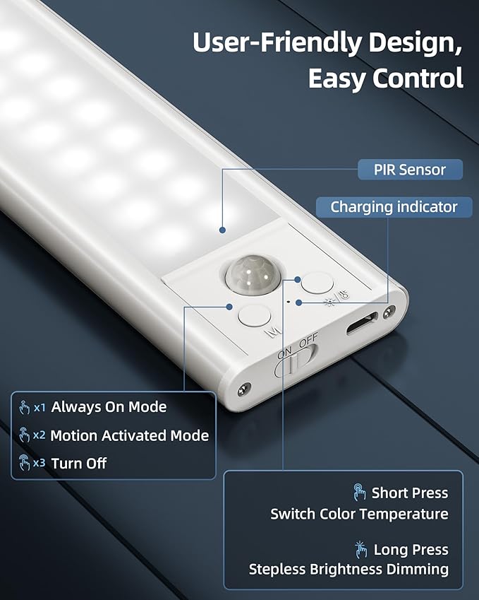 14.5-inch Under Cabinet Lights, Wireless Closet Light, Motion Sensor, 3500mAh Rechargeable Battery, Magnetic, 3 Color Temps, 5 Levels Dimmable, Under Counter Lights for Kitchen (2 Pack)