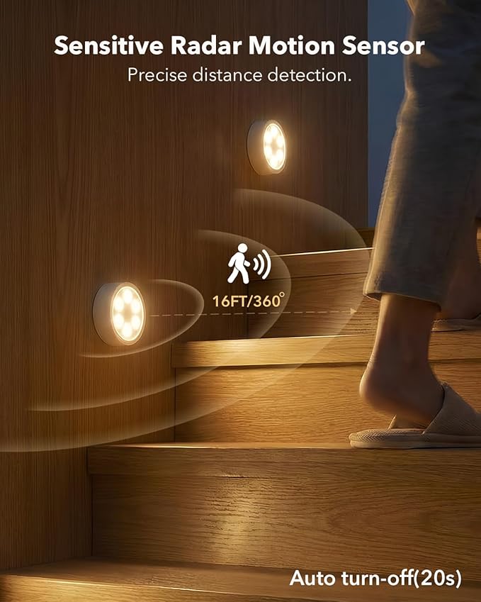 Radar Motion Sensor Puck Lights with Remote Control, RGB Rechargeable Wireless Under Cabinet Lighting for Kitchen, Magnet Stick on LED Closet Lights, Cordless Night Light for Counter, Stair, Bookshelf